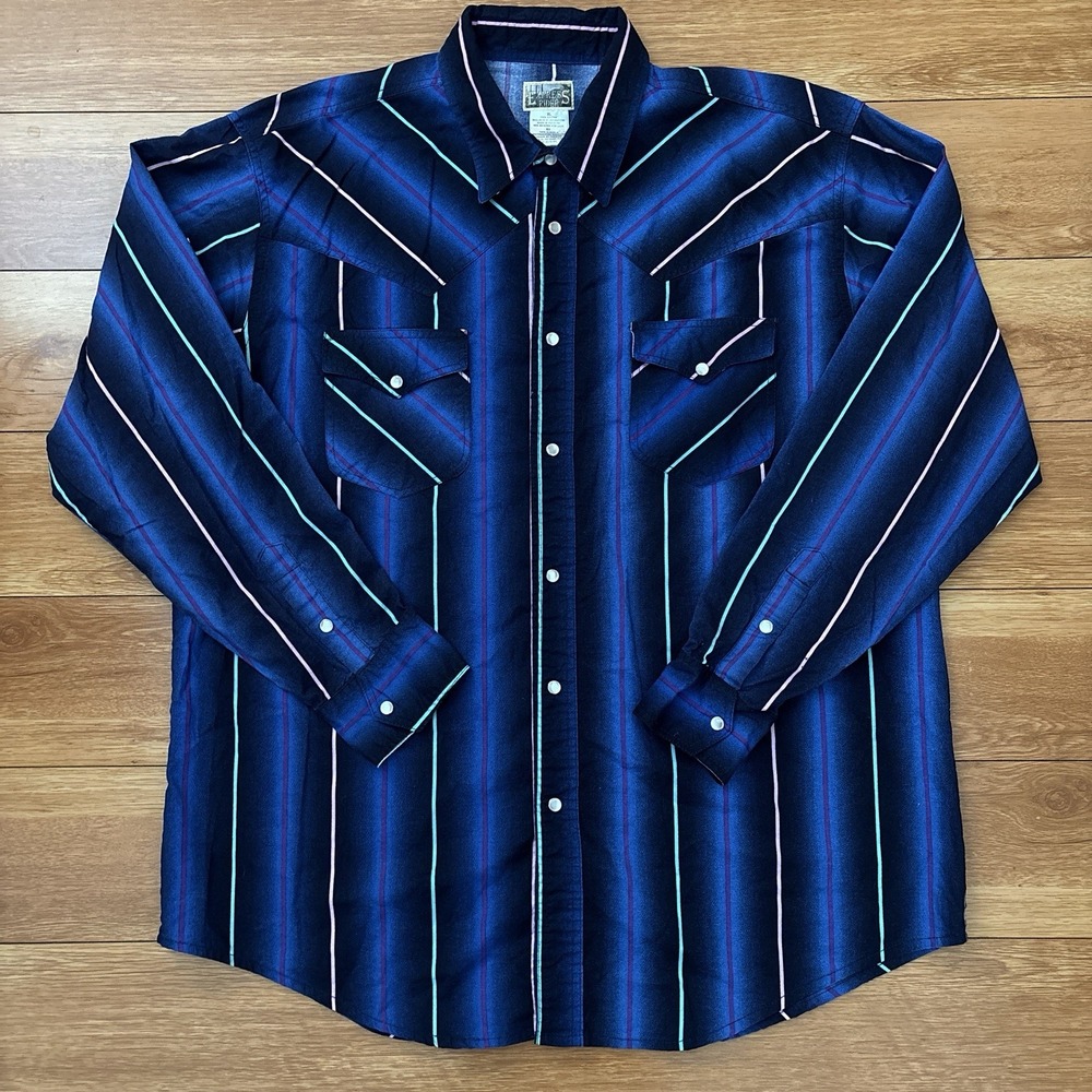 VTG Express Riders Southwest Blue Striped Western Shirt Pearl Snap XL